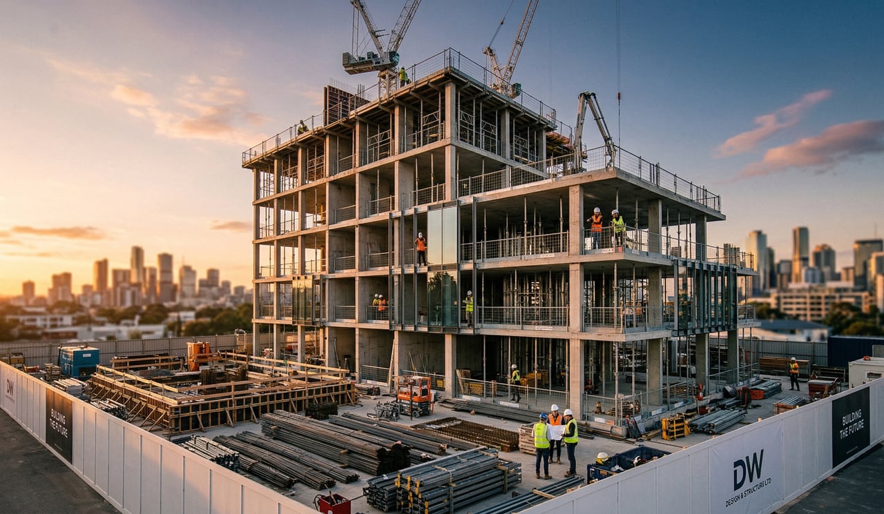 Large-scale construction site at sunset with cranes, concrete frame, and DW Design & Structure perimeter branding