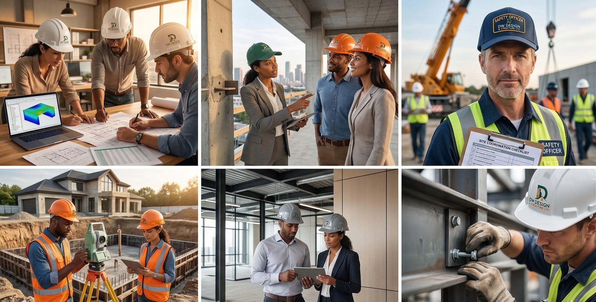 Construction professionals in high-visibility gear reviewing plans and surveying on site